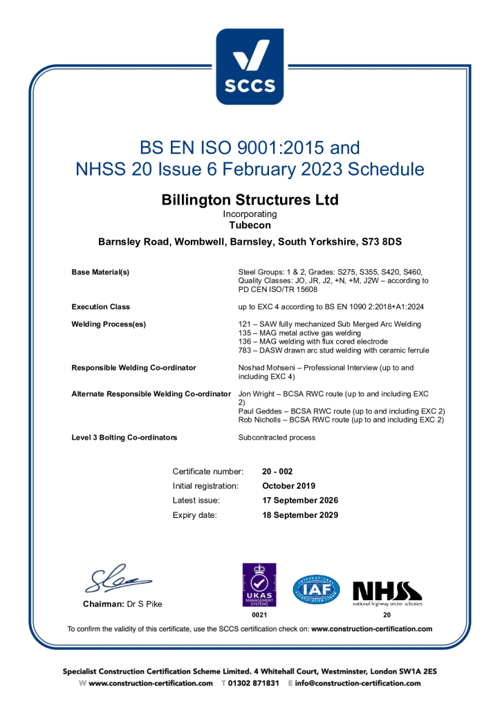 BS EN ISO – NHSS Scheme 20 Schedule Transportation Infrastructure Assets